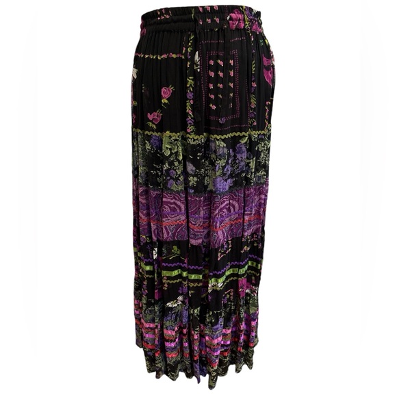 80s BOHO GYPSY MULTI-COLOR TIERED MAXI SKIRT TWEE FLORAL PAISLEY & RIBBON TRIM L - Picture 3 of 10